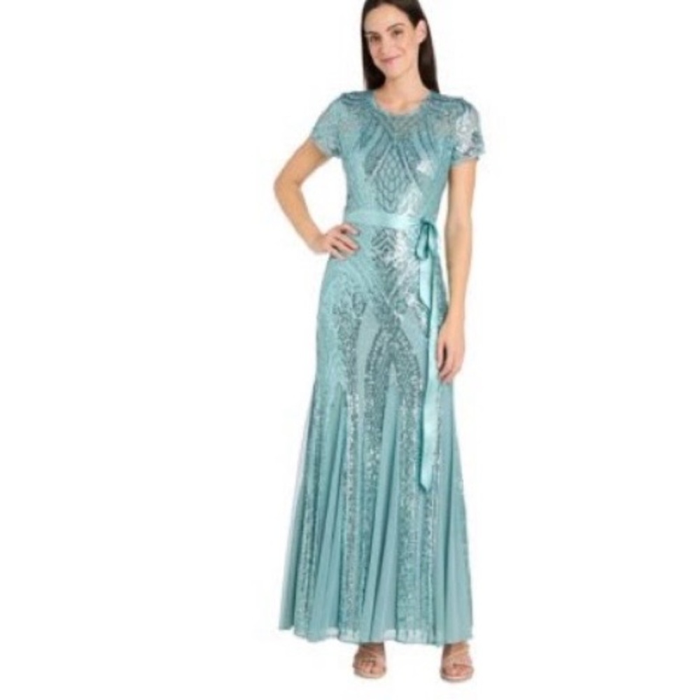 Elegant Light Teal Sequin Evening Gown Formal Dress Mother of the Bride Sash 16